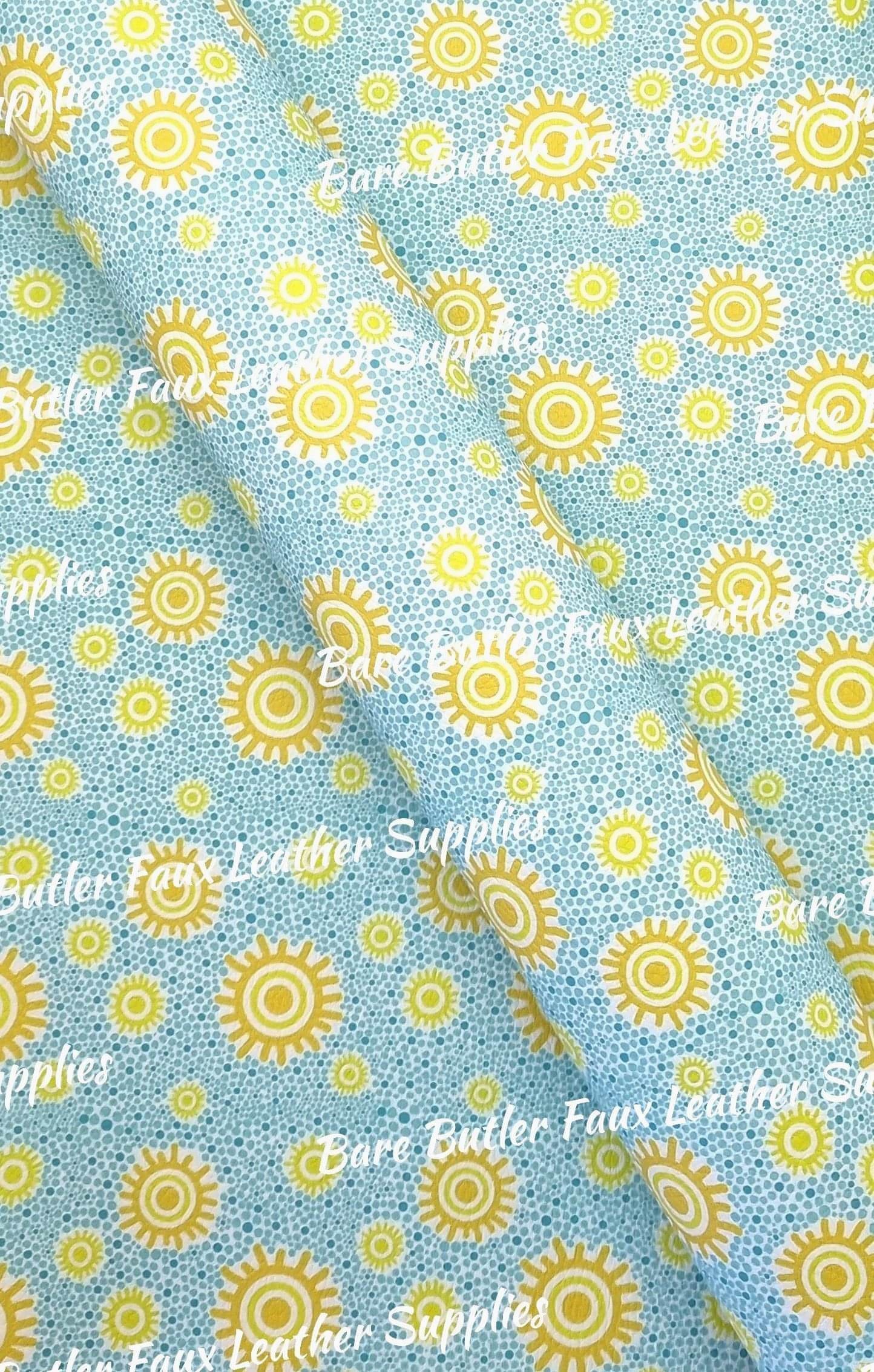 Yellow Sun, Blue Background Faux Leather - Bare Butler Faux Leather Supplies 