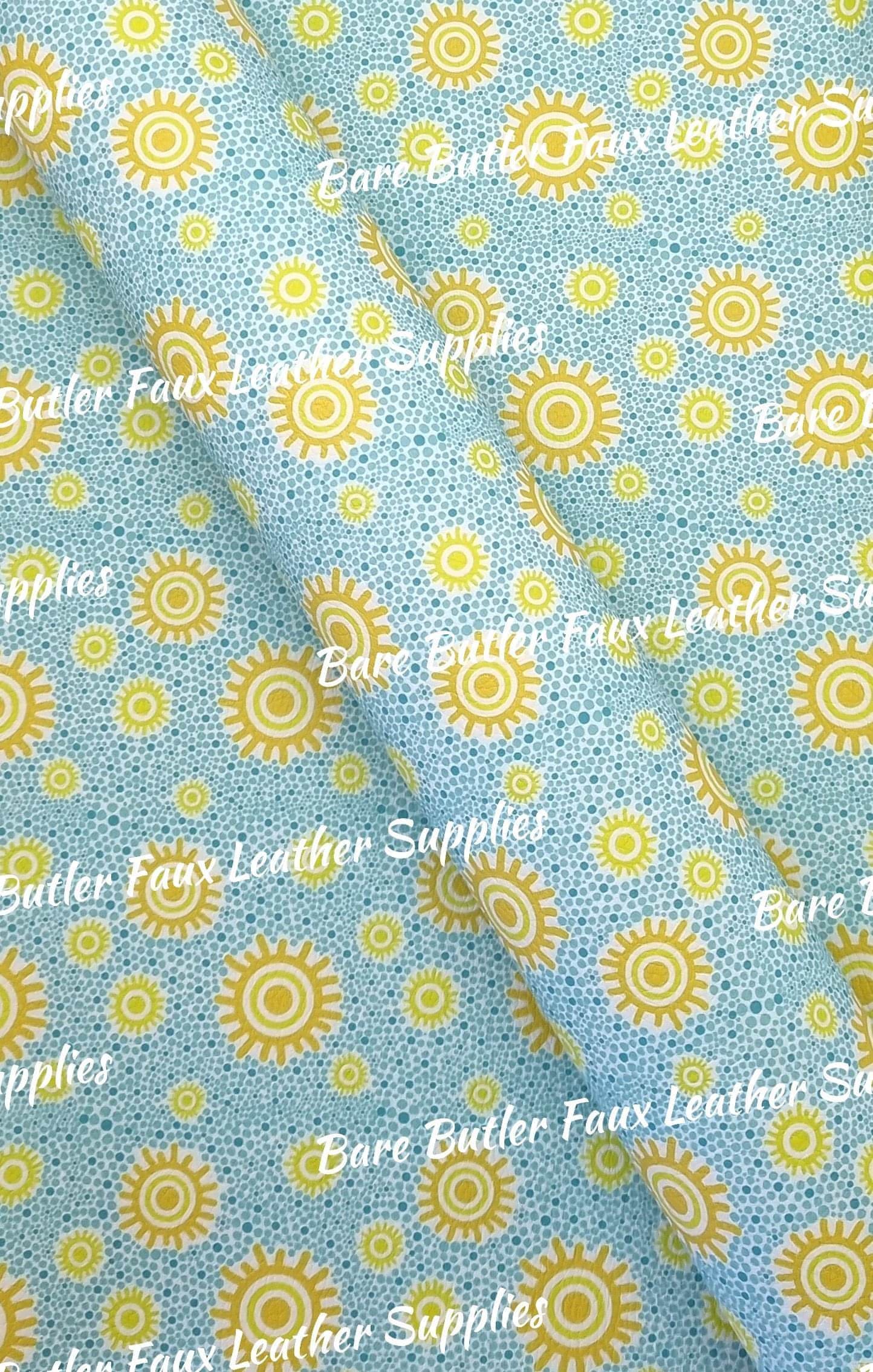 Yellow Sun, Blue Background Litchi - Bare Butler Faux Leather Supplies 
