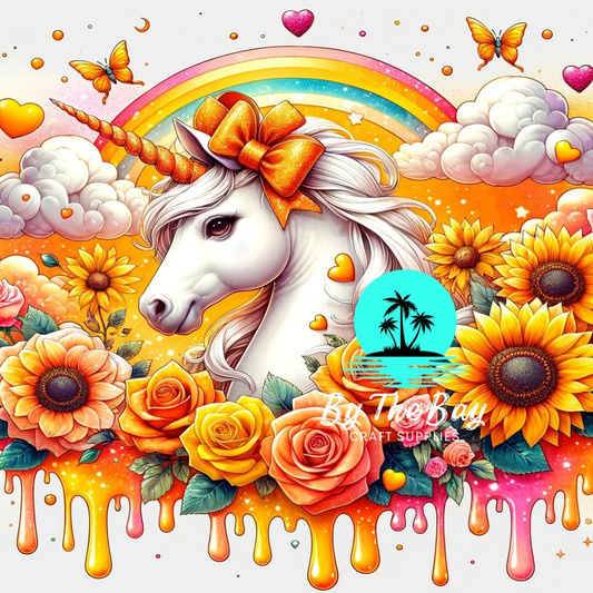Unicorn  with ombre orange flowers & rainbow SUB PRINT