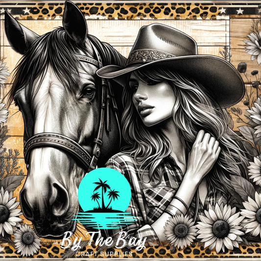 Country girl & horse  leopard print border SUB PRINT