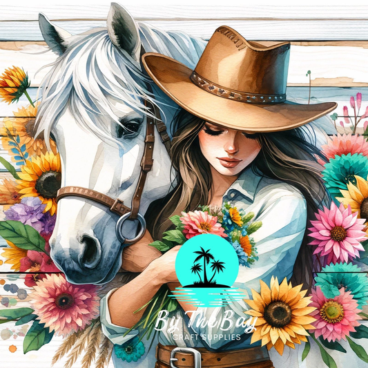 Cow girl & white horse colourful flowers 2 SUB PRINT