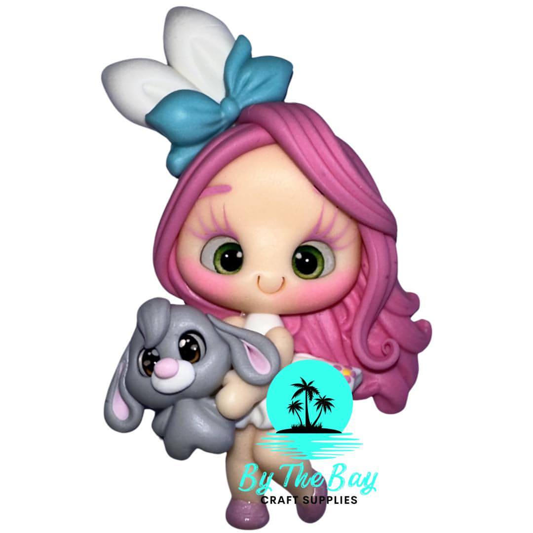 Pink hair Easter girl grey bunny