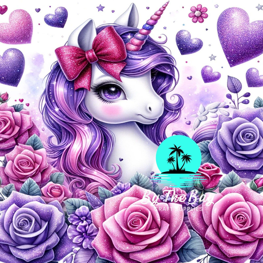 Purple unicorn with roses & purple hearts SUB PRINT