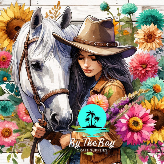 Cow girl & white horse colourful flowers SUB PRINT