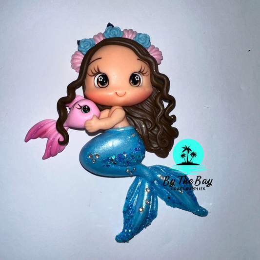 Blue tail mermaid with pink fish
