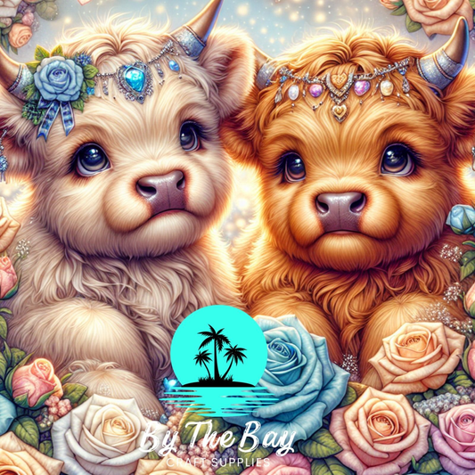 Highland Cow duo with blue roses SUB PRINT