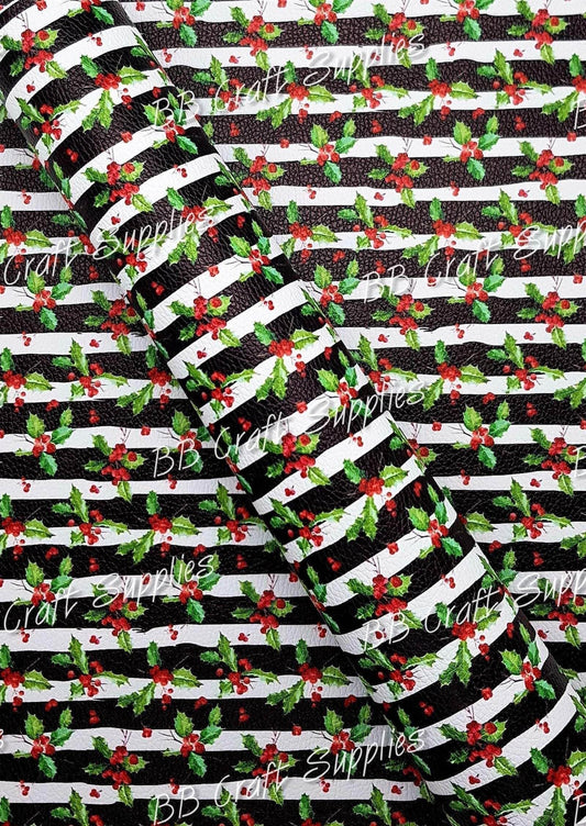 Christmas Mistletoe Litchi - Christmas, Faux, Faux Leather, holly, Leather, leatherette, Litchi, mistletoe, Stripe, Stripes - Bare Butler Faux Leather Supplies 