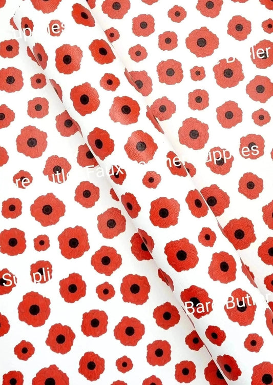 Roll - Poppies on white Background Litchi - Bare Butler Faux Leather Supplies 