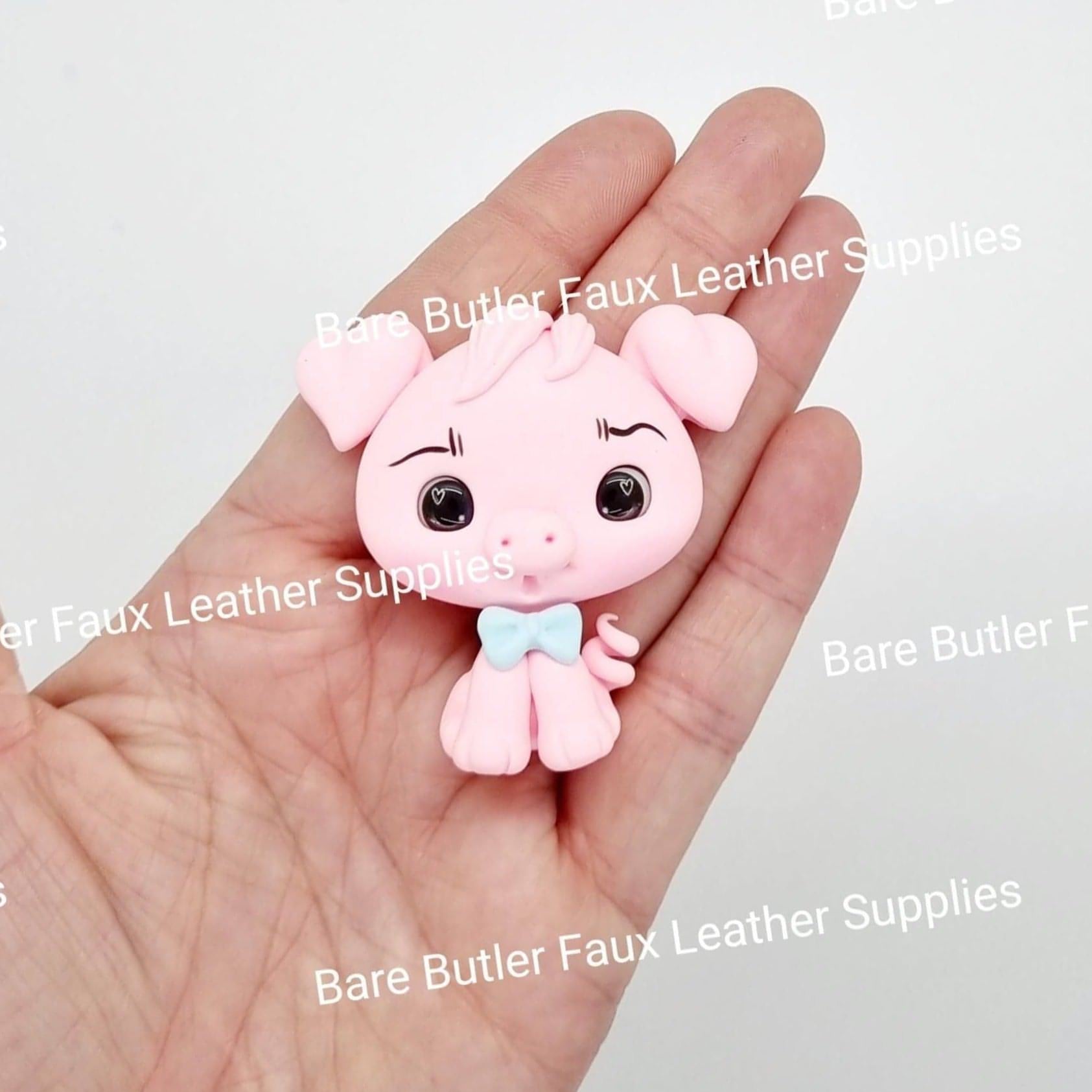 Pink Pig with Blue Bow Tie - Bare Butler Faux Leather Supplies 