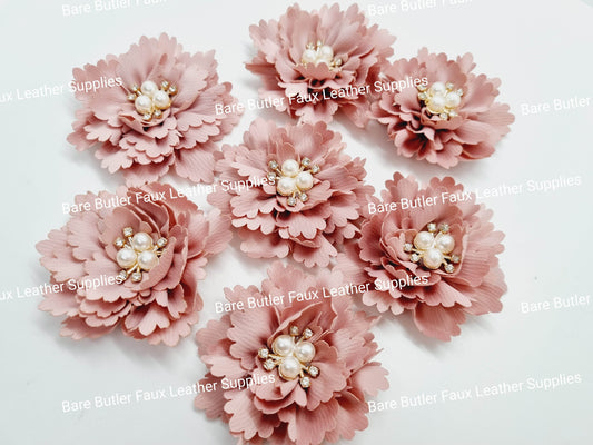 Ruffled Flower with Rhinestone center - Dusty Pink - Bare Butler Faux Leather Supplies 