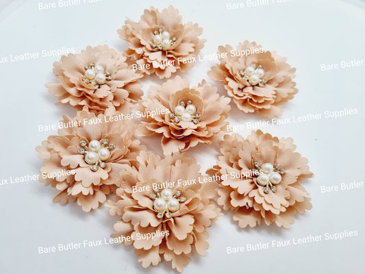 Ruffled Flower with Rhinestone center - Peach - Bare Butler Faux Leather Supplies 