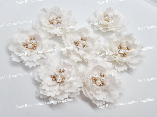 Ruffled Flower with Rhinestone center - White - Bare Butler Faux Leather Supplies 