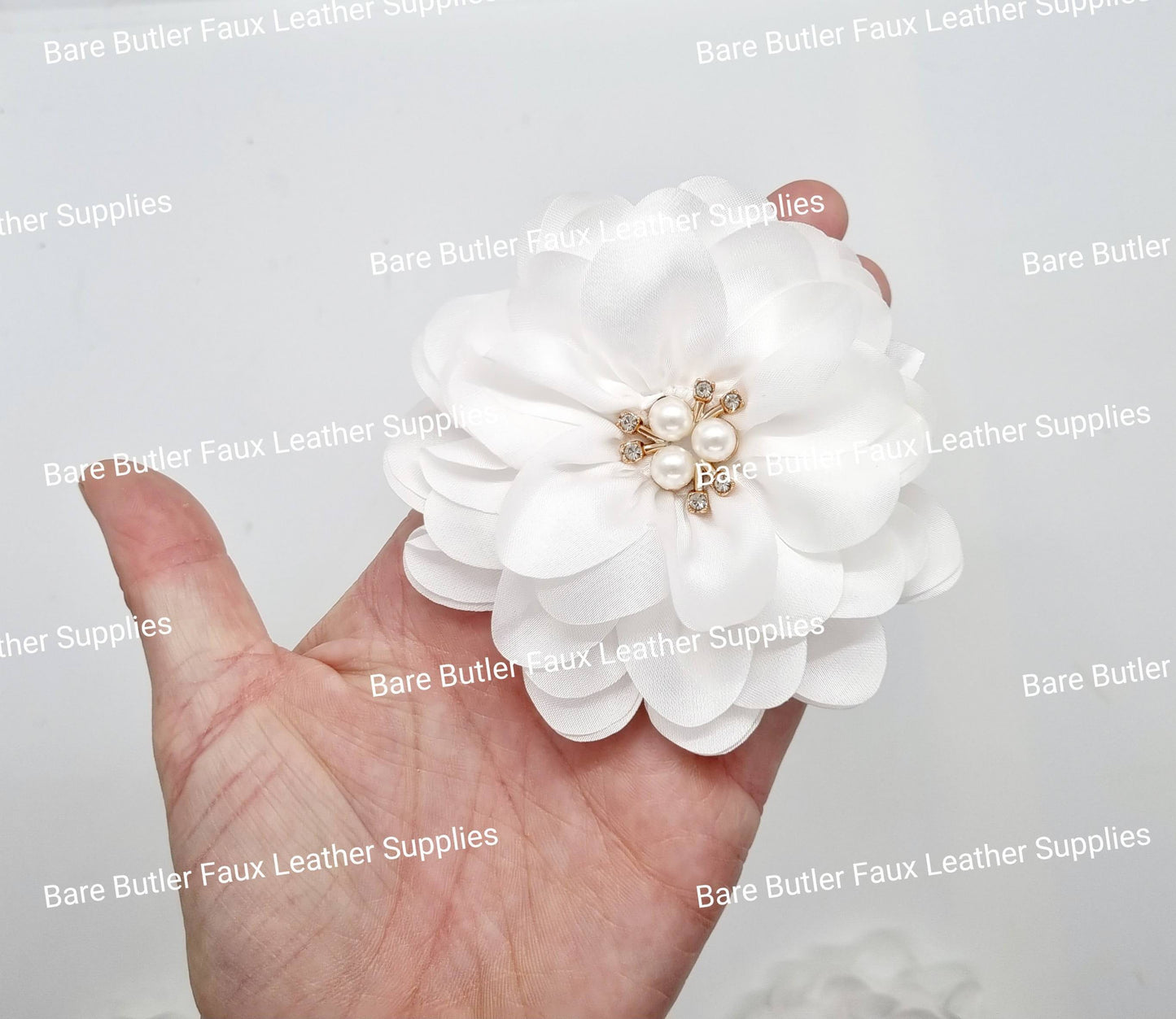 Chiffon Flower with Rhinestone center - White - Bare Butler Faux Leather Supplies 