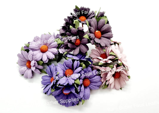 Purple Mix Daisy Flowers 3 Pack - berry, Embelishment, Flower, mini, Mulburry, mullberry, rose, yellow - Bare Butler Faux Leather Supplies 