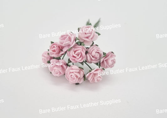 Mini Roses Light Pink 10 Pack - Embelishment, Flower, Mulburry, mullberry, pink, rose - Bare Butler Faux Leather Supplies 