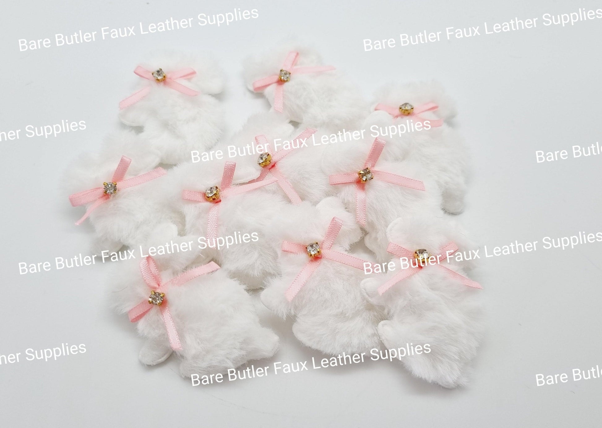 Plush White Rabbit Appliques with Pink Bow - Easter, Embelishment, rabbit - Bare Butler Faux Leather Supplies 