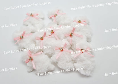 Plush White Rabbit Appliques with Pink Bow - Easter, Embelishment, rabbit - Bare Butler Faux Leather Supplies 