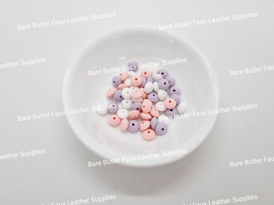 15 mm Silicone Lentil Beads Purple, White and Peach Mix - 20 pack -  - Bare Butler Faux Leather Supplies 