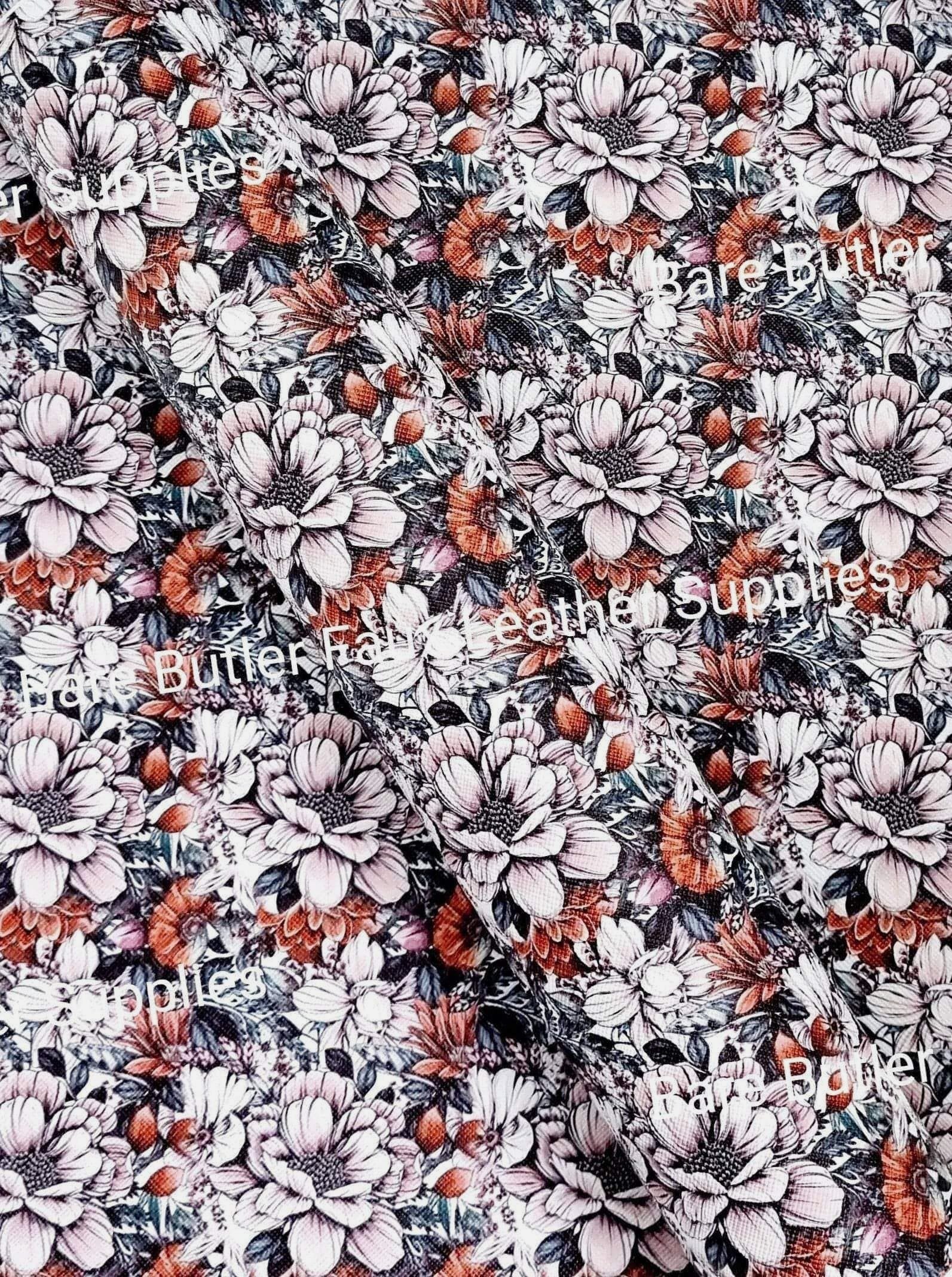 Angel Amber Florals Faux Leather - Faux, Faux Leather, Flora, Floral, florals, flower, Flowers, Leather, leatherette - Bare Butler Faux Leather Supplies 