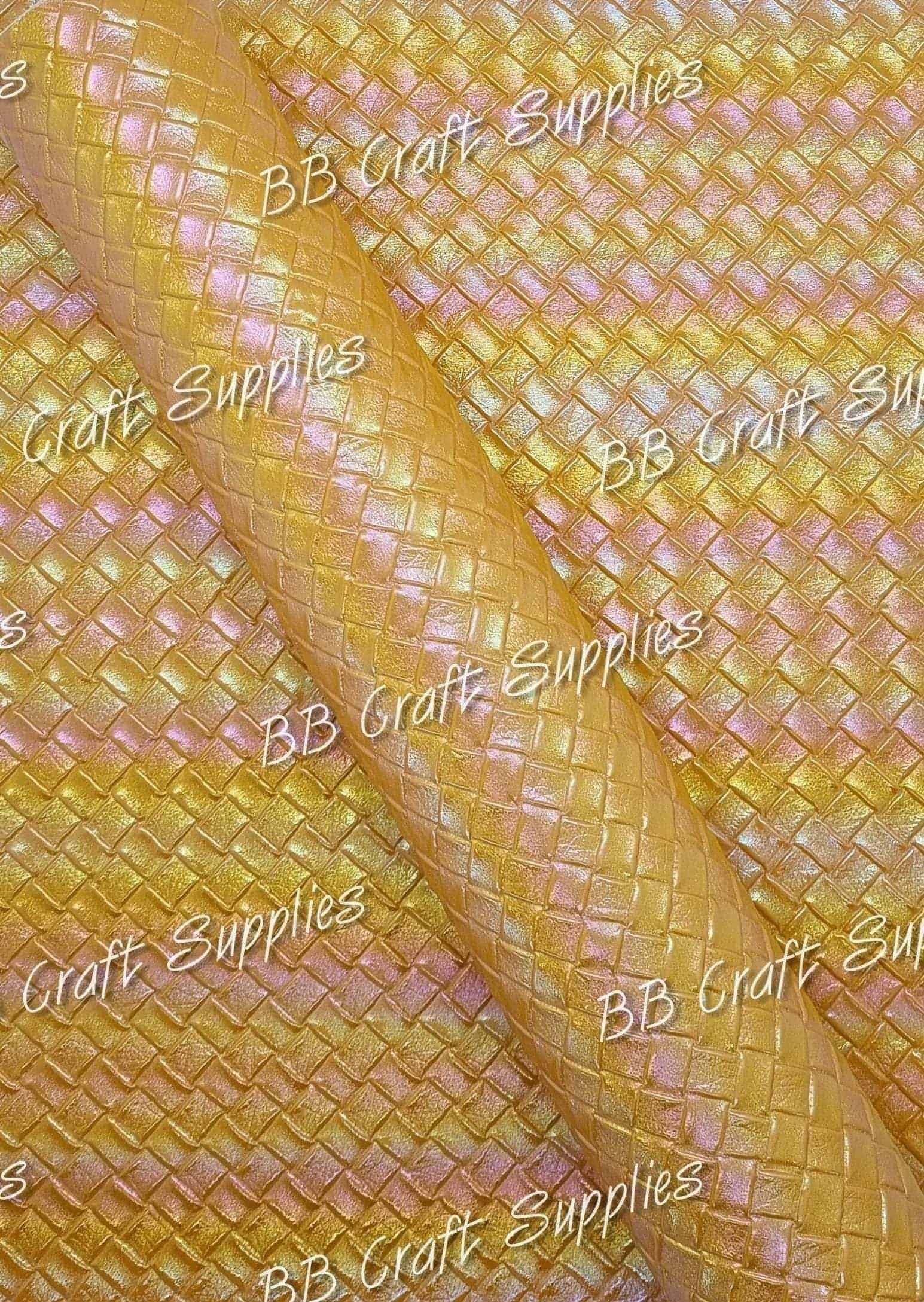 Basket Weave Metallic Yellow - Basket, Faux, Faux Leather, Leather, leatherette, pattern, weave - Bare Butler Faux Leather Supplies 