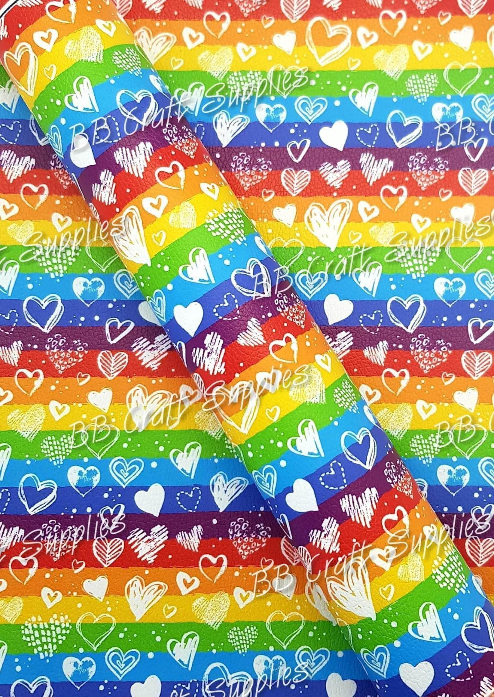 Bubbly Rainbow Hearts - bubbly, Faux, Faux Leather, hearts, Leather, Litchi, rainbow - Bare Butler Faux Leather Supplies 