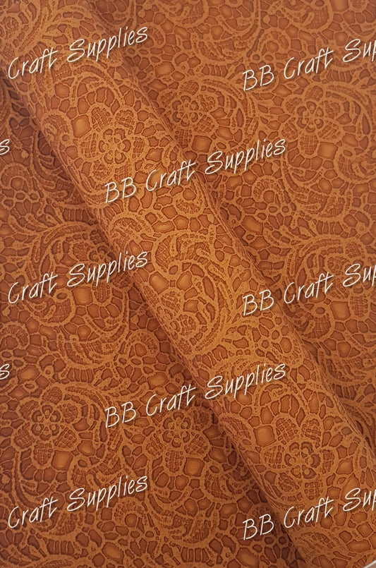 Butter Soft Embossed Lace Burnt Orange - butter, Embossed, Faux, Faux Leather, Lace, Leather, leatherette, soft, Whats new, Yellow - Bare Butler Faux Leather Supplies 
