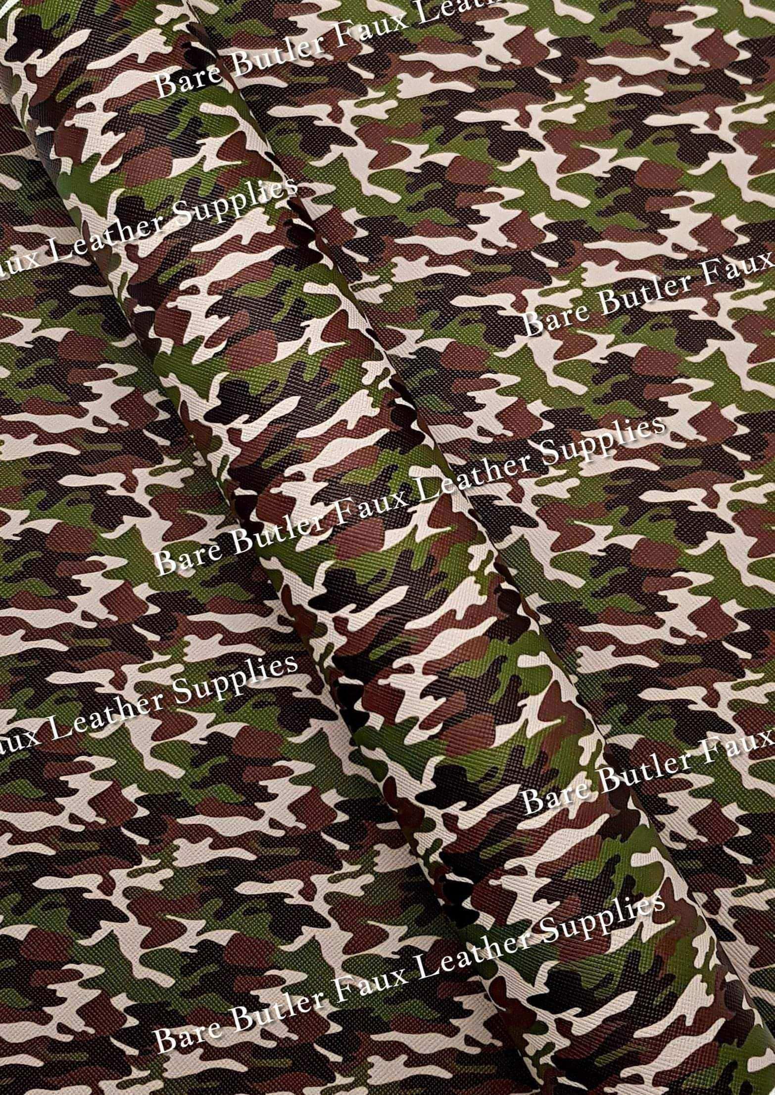 Camo Faux Leather - Army, Camo, Camouflaged, Faux, Faux Leather, green, Leather, Litchi - Bare Butler Faux Leather Supplies 