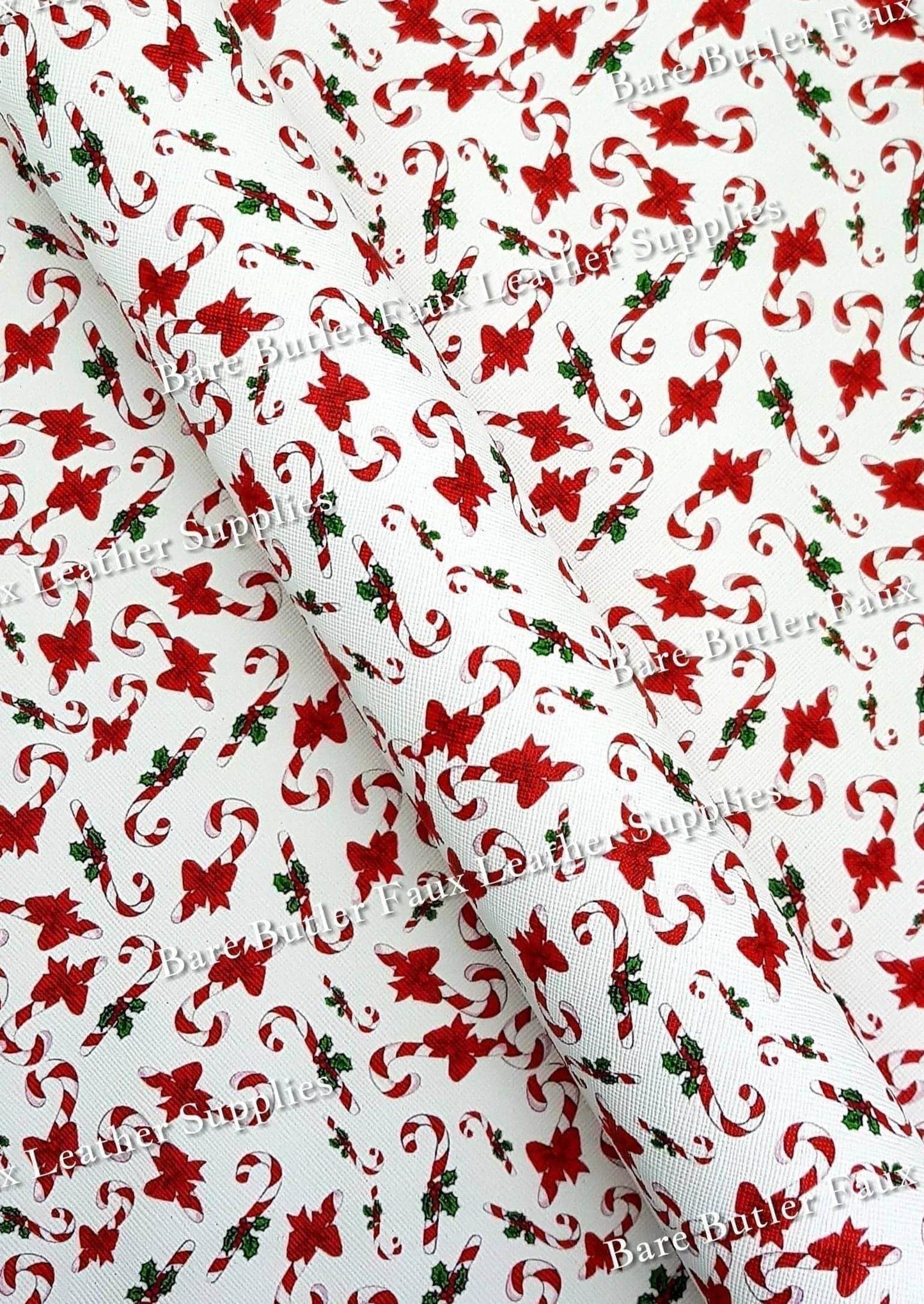 Candy Canes and Bows Faux Leather - candy cane, Candy Canes, candycane, christmas, Faux, Faux Leather, Leather, leatherette, pattern - Bare Butler Faux Leather Supplies 
