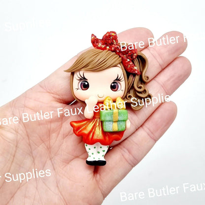 Christmas Girl & Green Present - Clay, Clays, girl - Bare Butler Faux Leather Supplies 