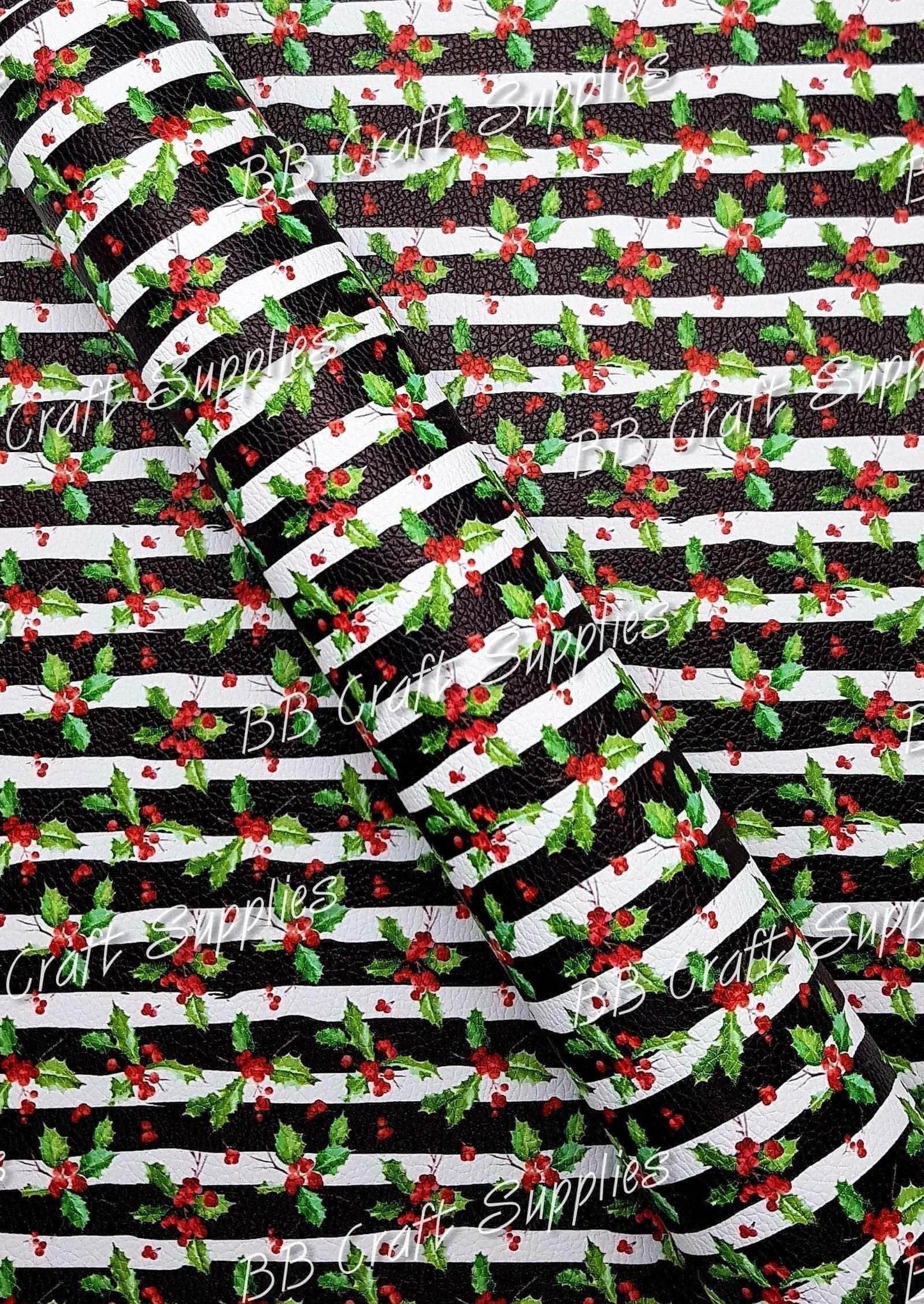 Christmas Mistletoe Litchi - Christmas, Faux, Faux Leather, holly, Leather, leatherette, Litchi, mistletoe, Stripe, Stripes - Bare Butler Faux Leather Supplies 