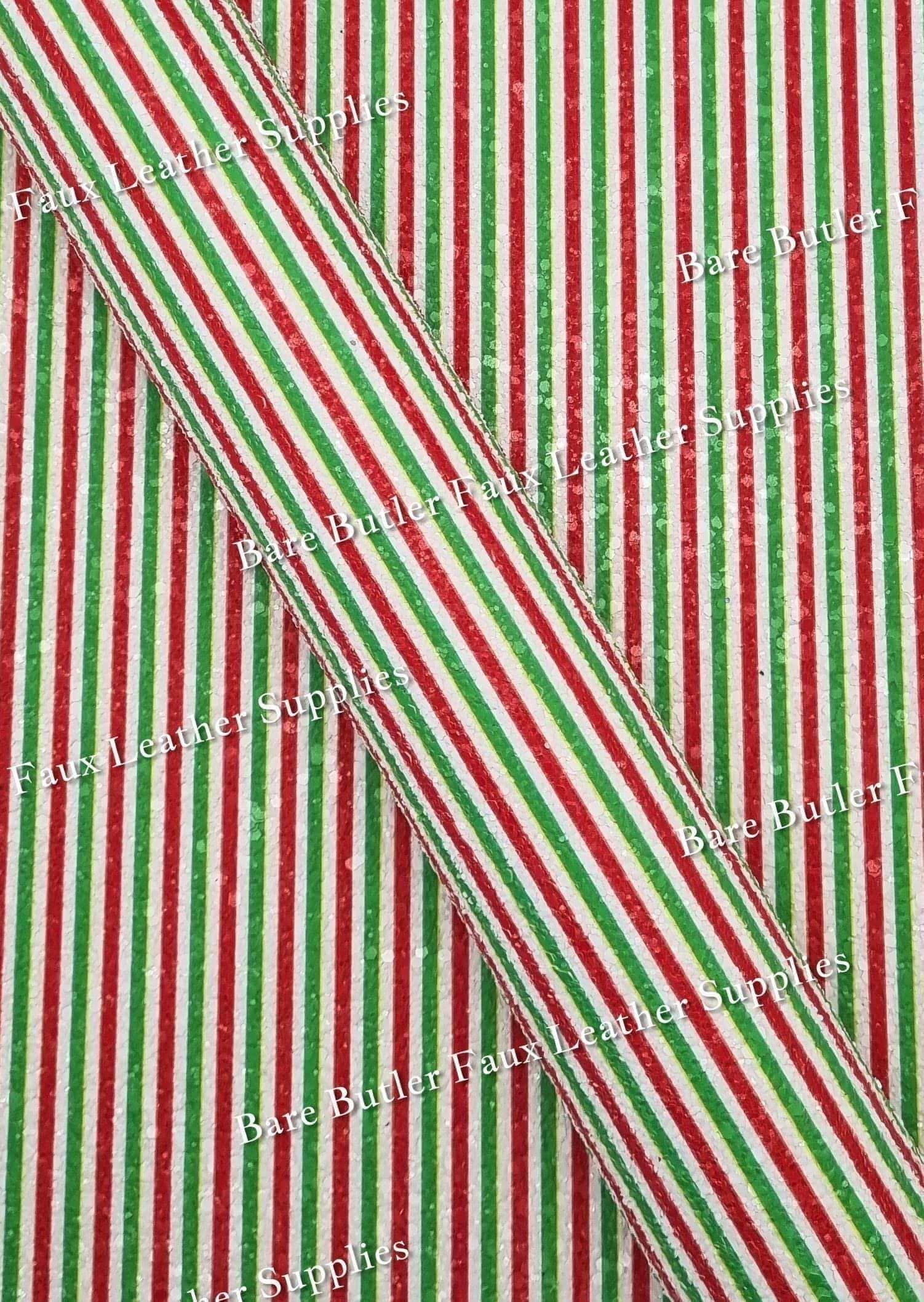 Chunky Glitter - Green & Red Christmas Stripes - christmas, Chunky, Faux, Faux Leather, glitter, green, leather, leatherette, Red, Stripe, Stripes - Bare Butler Faux Leather Supplies 