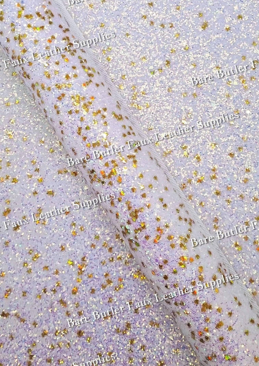 Chunky Glitter -  White/Gold Shimmer - Chunky, Faux, Faux Leather, glitter, gold, leather, leatherette, sparkles - Bare Butler Faux Leather Supplies 