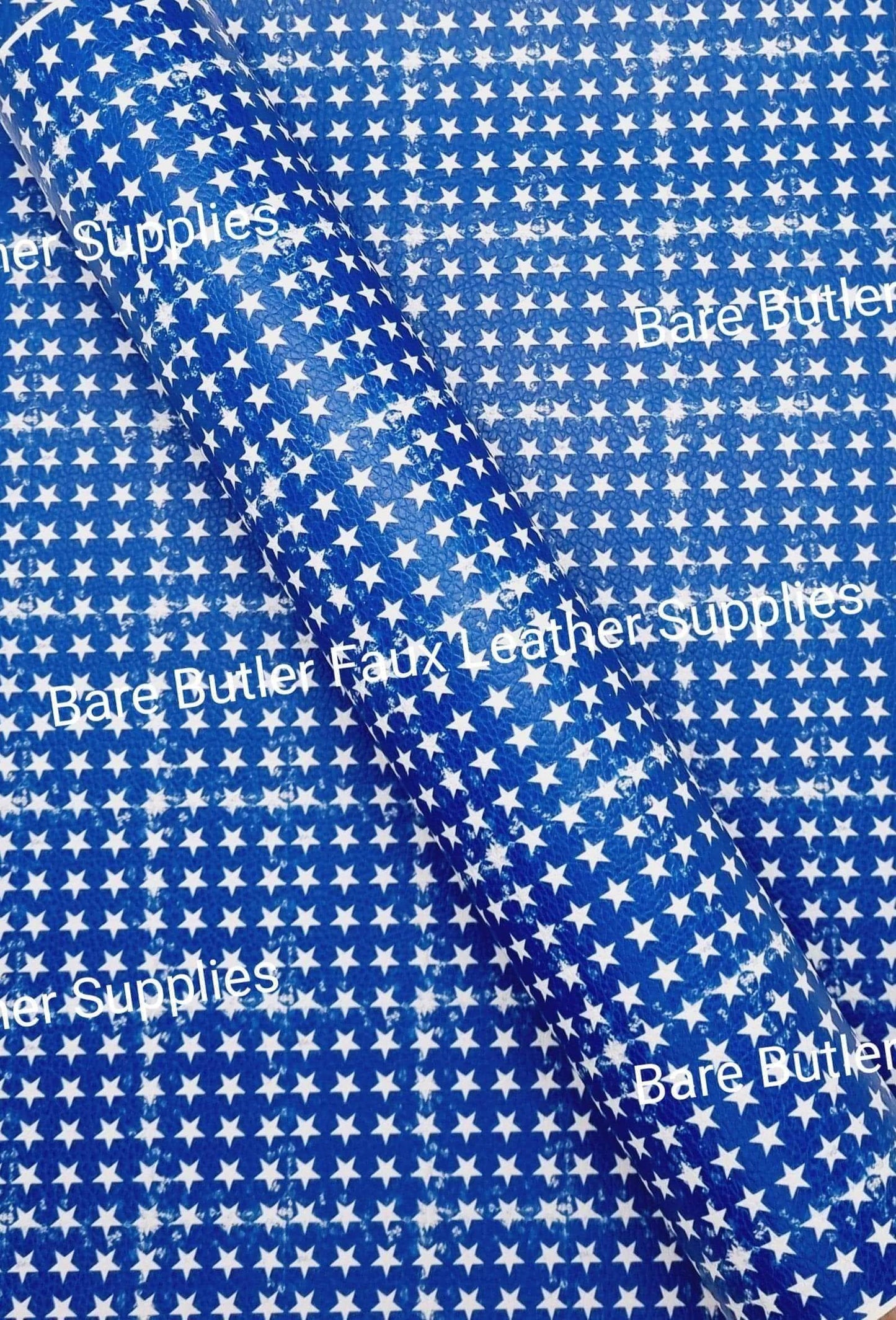 Distressed Blue & White Stars Litchi - Fabric, Faux, Faux Leather, Leather, leatherette, Litchi - Bare Butler Faux Leather Supplies 