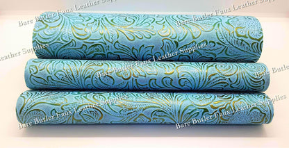 Embossed Floral Bloom Blue - embossed, Faux, Faux Leather, Floral, Leather, leatherette, metallic, Whats new - Bare Butler Faux Leather Supplies 