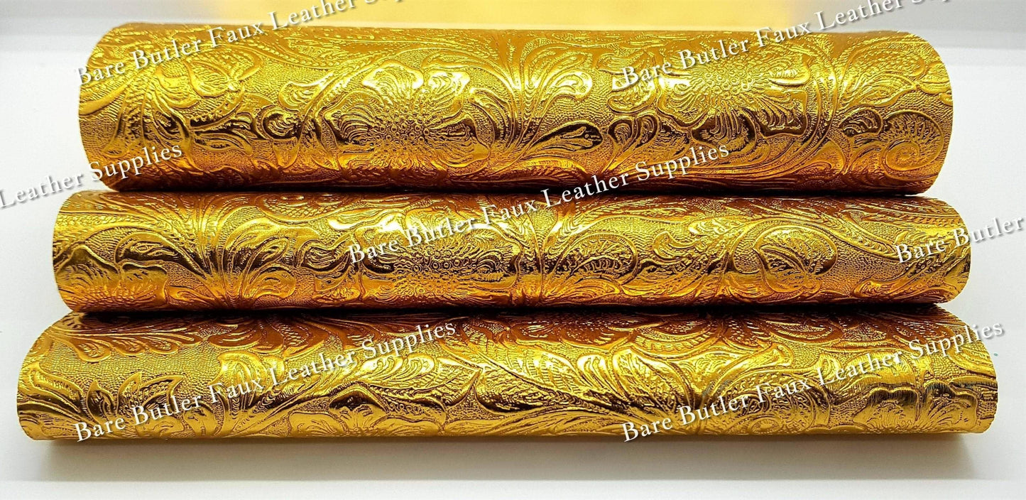 Embossed Floral Bloom Gold - embossed, Faux, Faux Leather, Floral, Leather, leatherette, metallic, Whats new - Bare Butler Faux Leather Supplies 