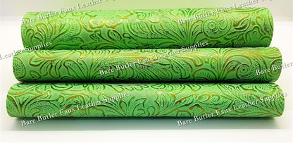 Embossed Floral Bloom Green - embossed, Faux, Faux Leather, Floral, Leather, leatherette, metallic, Whats new - Bare Butler Faux Leather Supplies 