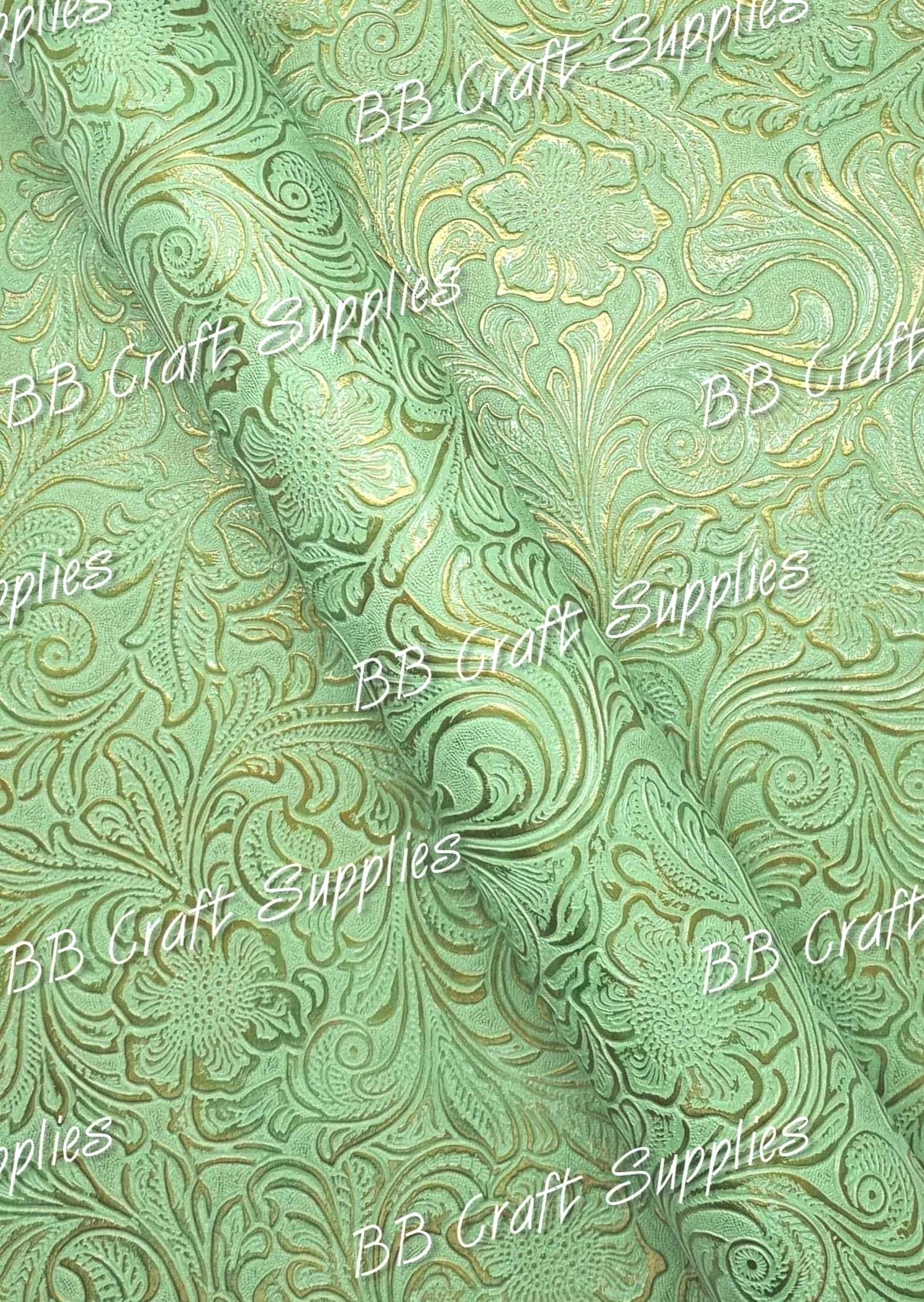 Embossed Floral Bloom Green - embossed, Faux, Faux Leather, Floral, Leather, leatherette, metallic, Whats new - Bare Butler Faux Leather Supplies 