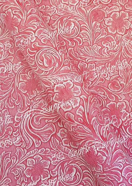 Embossed Floral Bloom Pink & White - embossed, Faux, Faux Leather, Floral, Leather, leatherette, metallic, Whats new - Bare Butler Faux Leather Supplies 