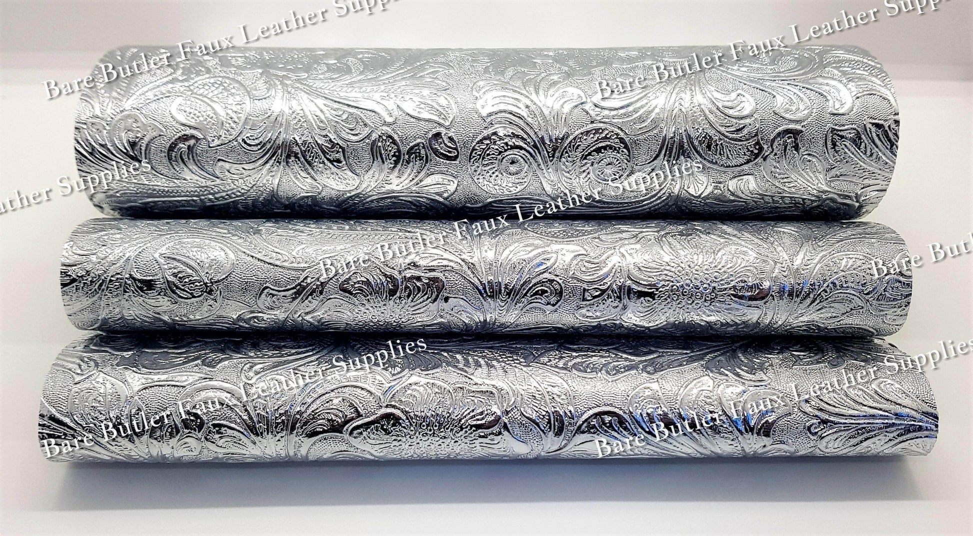 Embossed Floral Bloom Silver - embossed, Faux, Faux Leather, Floral, Leather, leatherette, metallic, Whats new - Bare Butler Faux Leather Supplies 