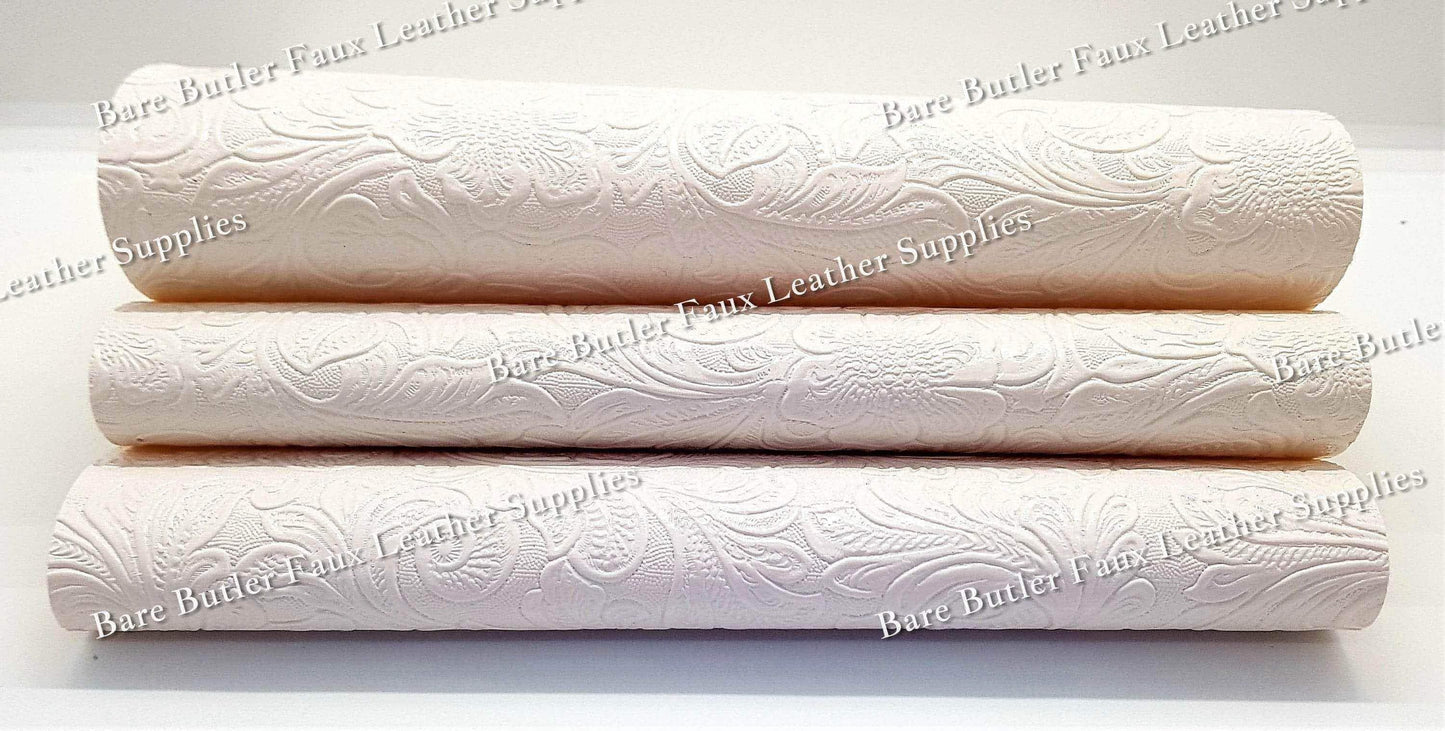 Embossed Floral Bloom White - embossed, Faux, Faux Leather, Floral, Leather, leatherette, metallic, Whats new - Bare Butler Faux Leather Supplies 