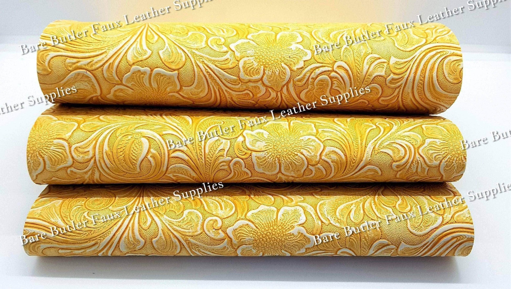 Embossed Floral Bloom Yellow & Cream - embossed, Faux, Faux Leather, Floral, Leather, leatherette, metallic, Whats new - Bare Butler Faux Leather Supplies 