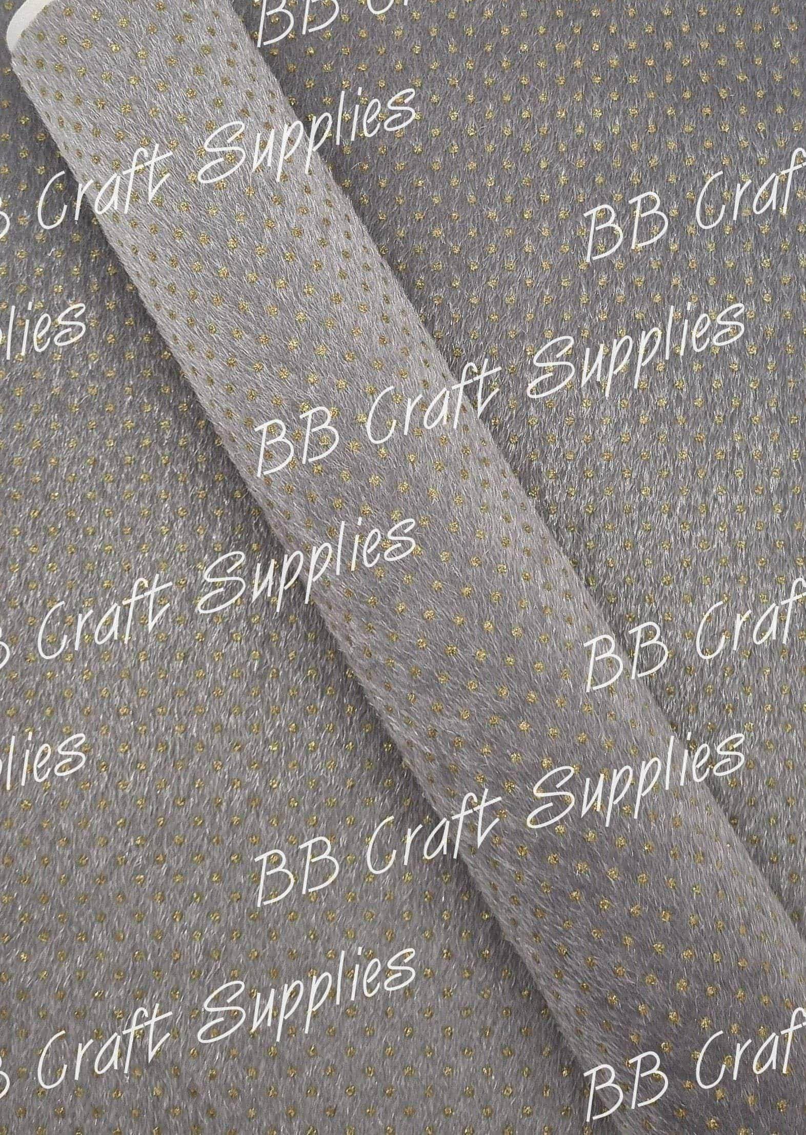 Faux Flocking Fabric Grey & Gold Spots - dots, Faux, Faux Leather, flocking, fluffy, gold, red, spots, valentines - Bare Butler Faux Leather Supplies 