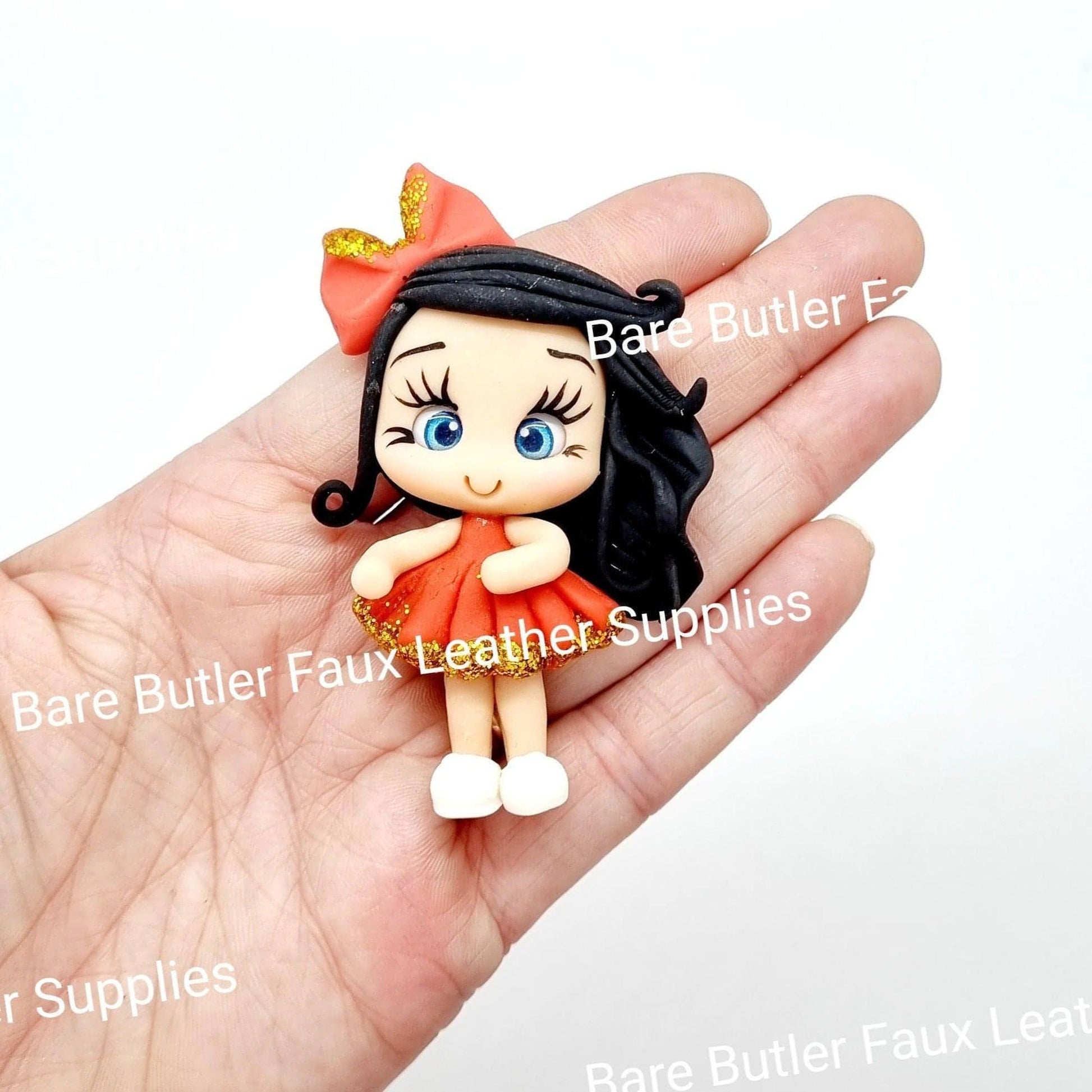 Girl in Red Gold Glitter dress, Big Bow in Hair Black - Clay, Clays - Bare Butler Faux Leather Supplies 