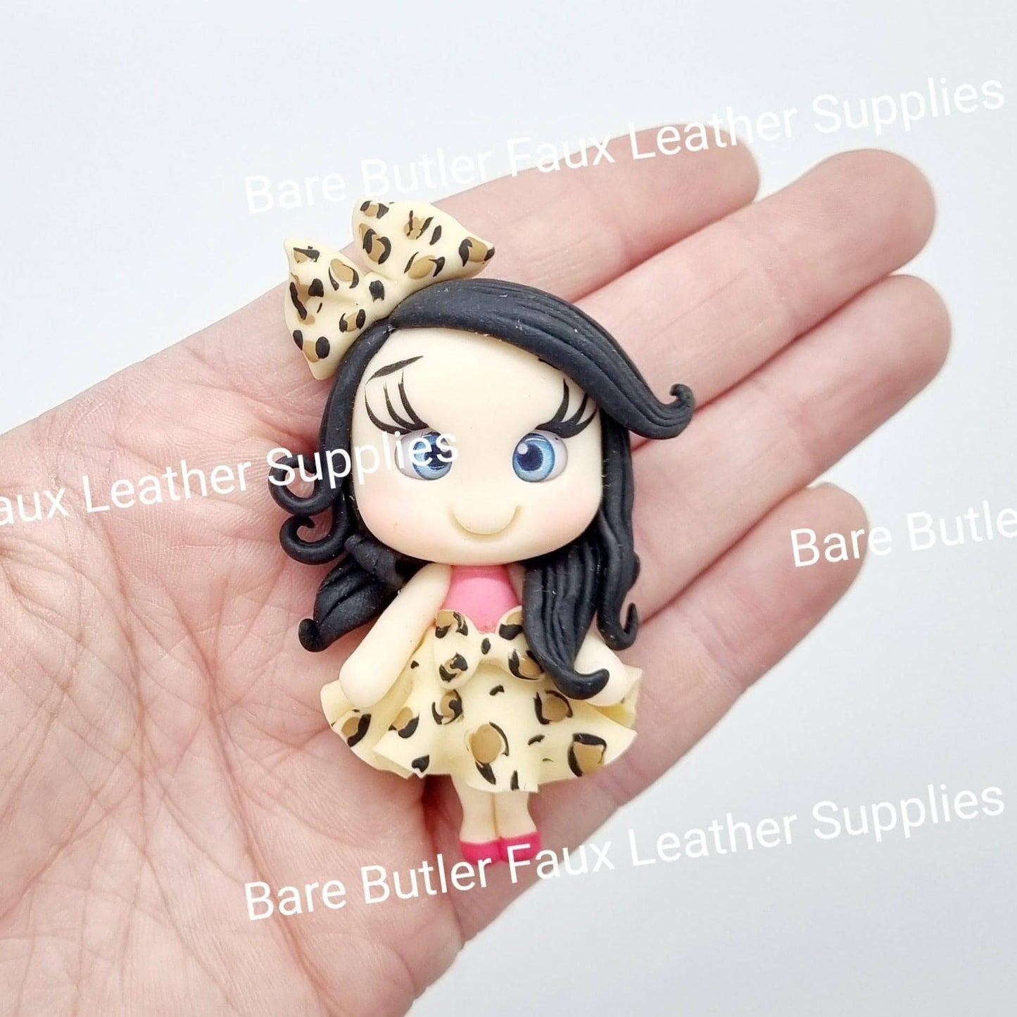Girls in Leopard dress black hair pink shoes - character, Clay, Clays, leopard - Bare Butler Faux Leather Supplies 
