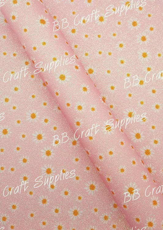 Glitter - Daisy Baby Pink - Daisy, Faux, Faux Leather, Glitter, Leather, leatherette, Mothers Day, Yellow - Bare Butler Faux Leather Supplies 