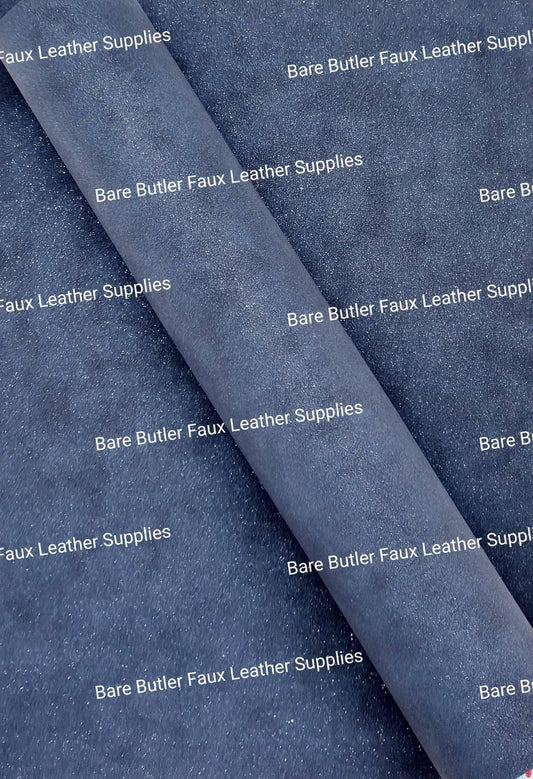 Glitter Suede - Dark Denim - Blue, denim, Faux, Faux Leather, Glitter, Suede - Bare Butler Faux Leather Supplies 