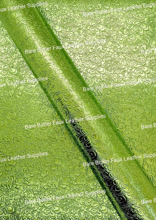 Green Embossed Metallic Florals - embossed, Faux, Faux Leather, Floral, green, Leather, leatherette, metallic, Whats new - Bare Butler Faux Leather Supplies 