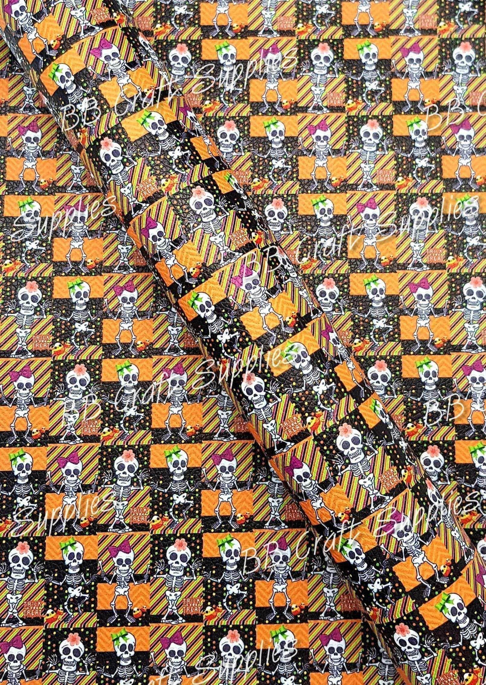 Halloween - Dancing Skeletons Orange - Litchi - Faux, Faux Leather, Halloween, Leather, Litchi, Nightmare, orange, OrangeBlack, skeleton - Bare Butler Faux Leather Supplies 