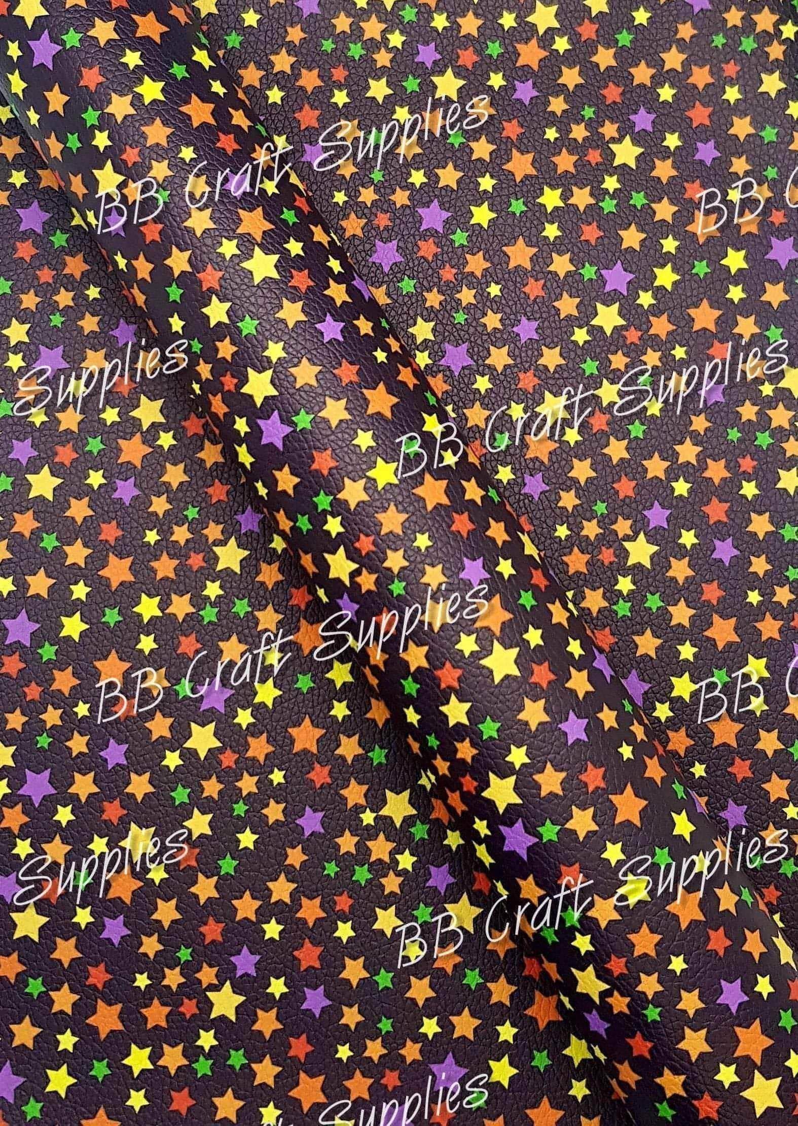 Halloween - Halloween Stars -  Litchi - Faux, Faux Leather, Halloween, Leather, Litchi, orange, purple, red, Stars, Yellow - Bare Butler Faux Leather Supplies 