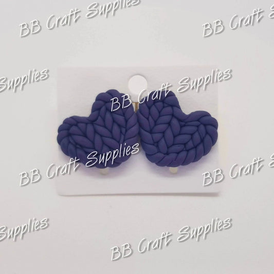 Handmade Braided Polymer Clay Heart Earrings Blue - blue, earing, handmade, heart, Polymer Clay Heart Earrings - Bare Butler Faux Leather Supplies 